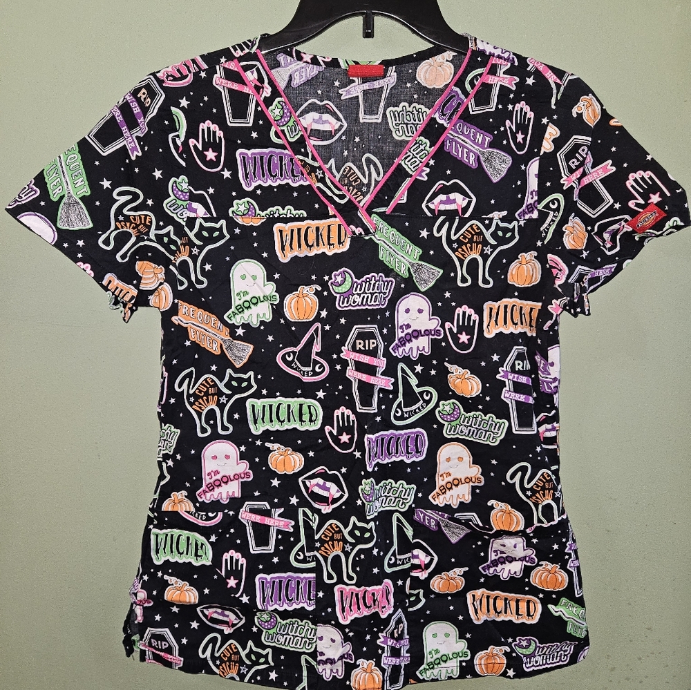 Halloween Holiday Scrub Top with Ghosts, Witches, and Black Cats